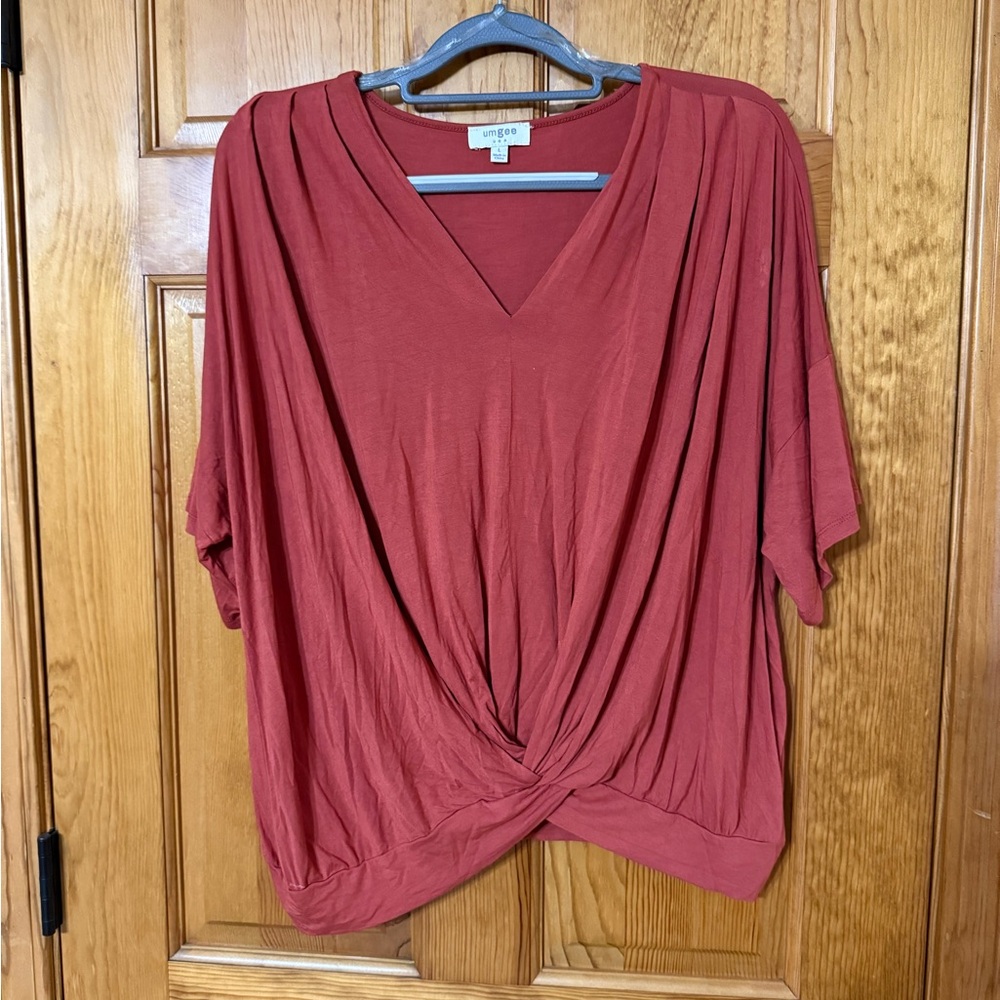 Umgee V-Neck Twist Front Blouse - Rust size large